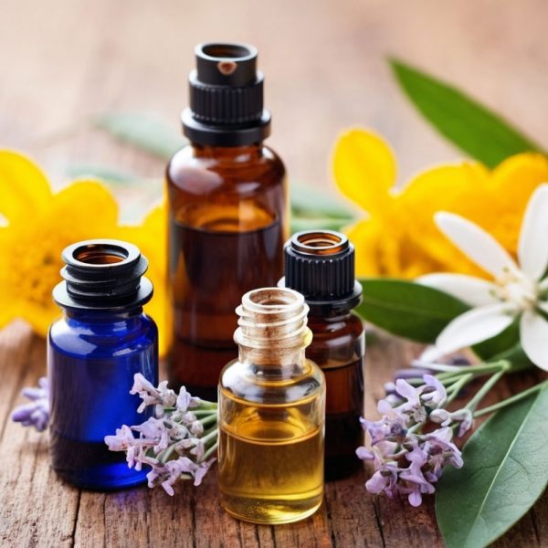 Amber and blue essential oil bottles on a wooden surface surrounded by fresh flowers and green leaves, representing foundational clinical aromatherapy training.