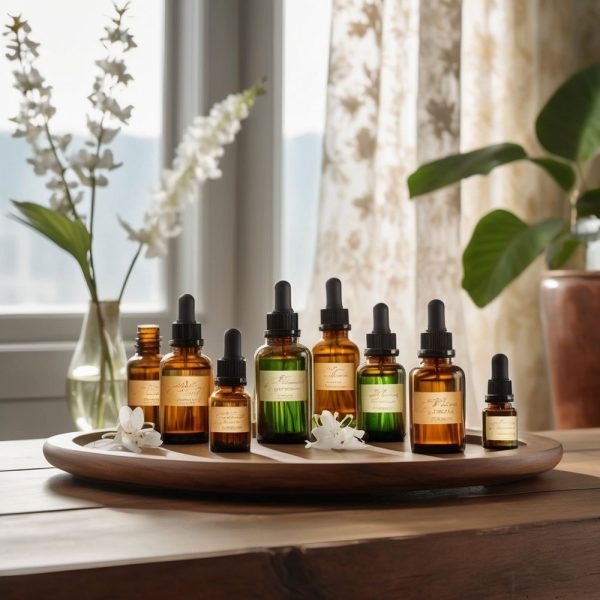 Essential oil dropper bottles arranged on a wooden tray in a clinical setting with natural light, representing advanced clinical aromatherapy training.