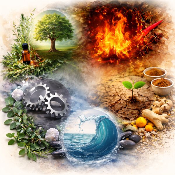 Collage representing the five elements Wood, Fire, Earth, Metal and Water with tree, flames, soil sprout, metal gears and ocean wave, applied to clinical aromatherapy diagnosis.
