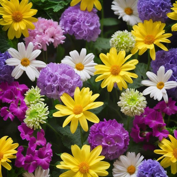 Colorful wildflowers including yellow daisies, white and purple blossoms representing Bach flower remedies and natural biological essences.