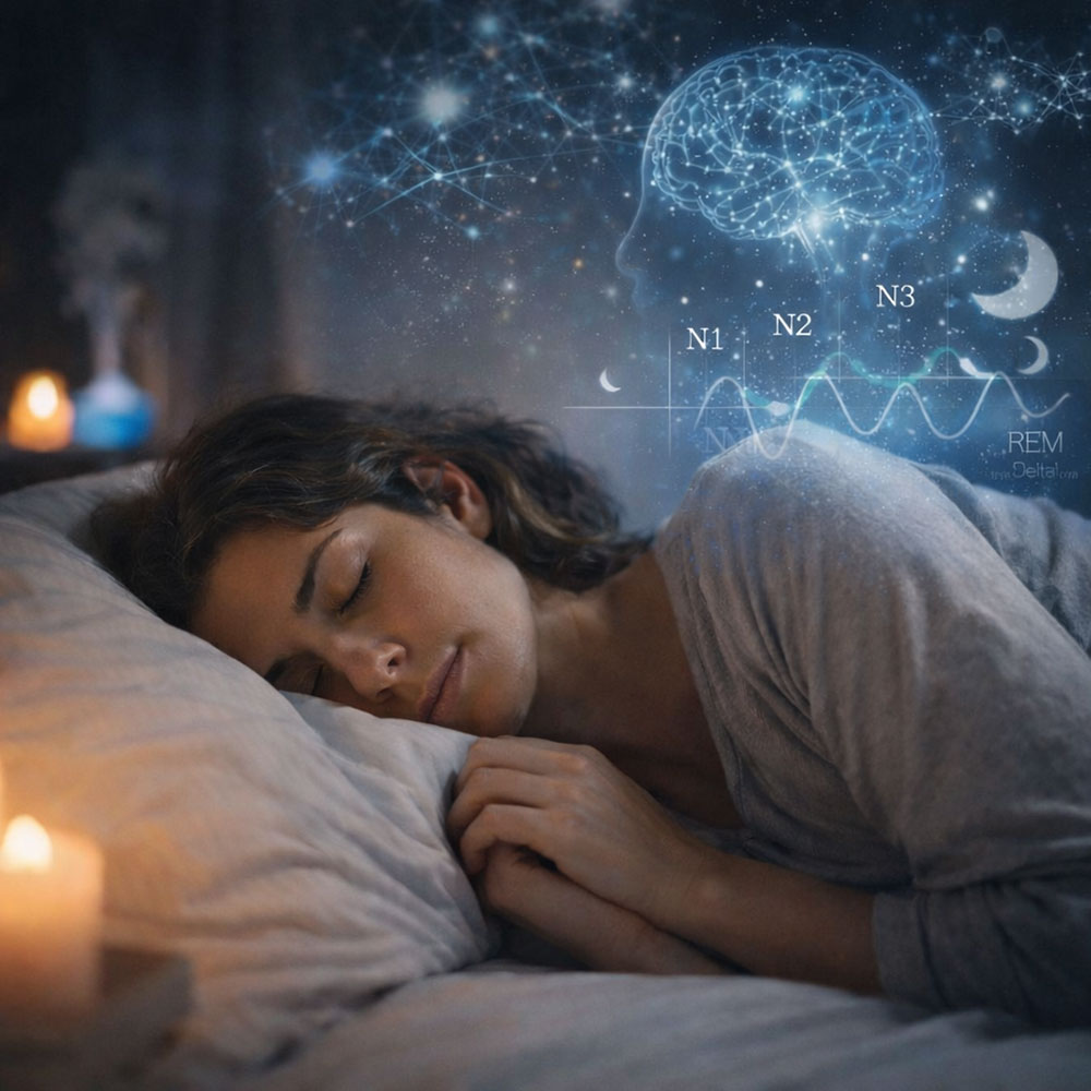 Mulher a dormir com representação das fases do sono e atividade cerebral