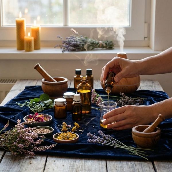 Hands preparing an essential oil blend with glass beaker, amber bottles, dried herbs and mortar on a wooden table, representing professional medicinal aromatherapy training.
