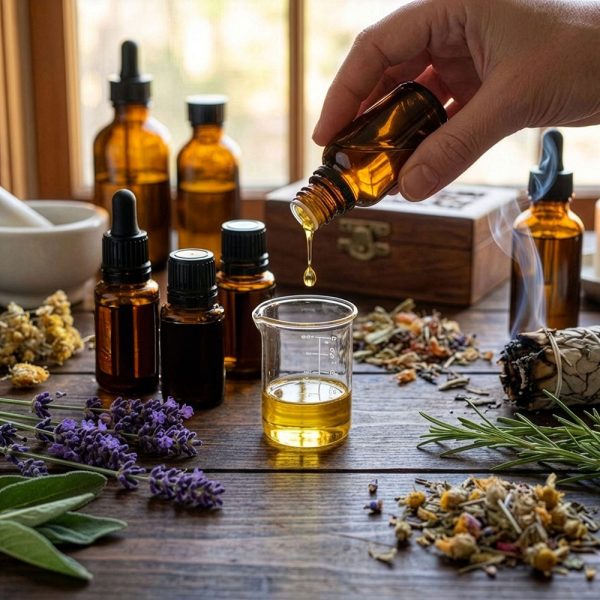 Hand pouring essential oil into a glass beaker surrounded by amber bottles, medicinal herbs and mortar on a wooden table, representing advanced medicinal aromatherapy training.