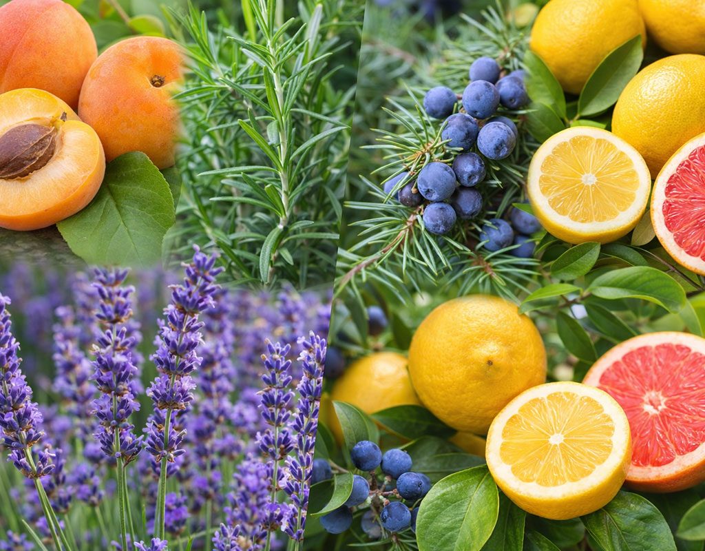 Collage of apricot, rosemary, juniper, lavender, lemon and grapefruit