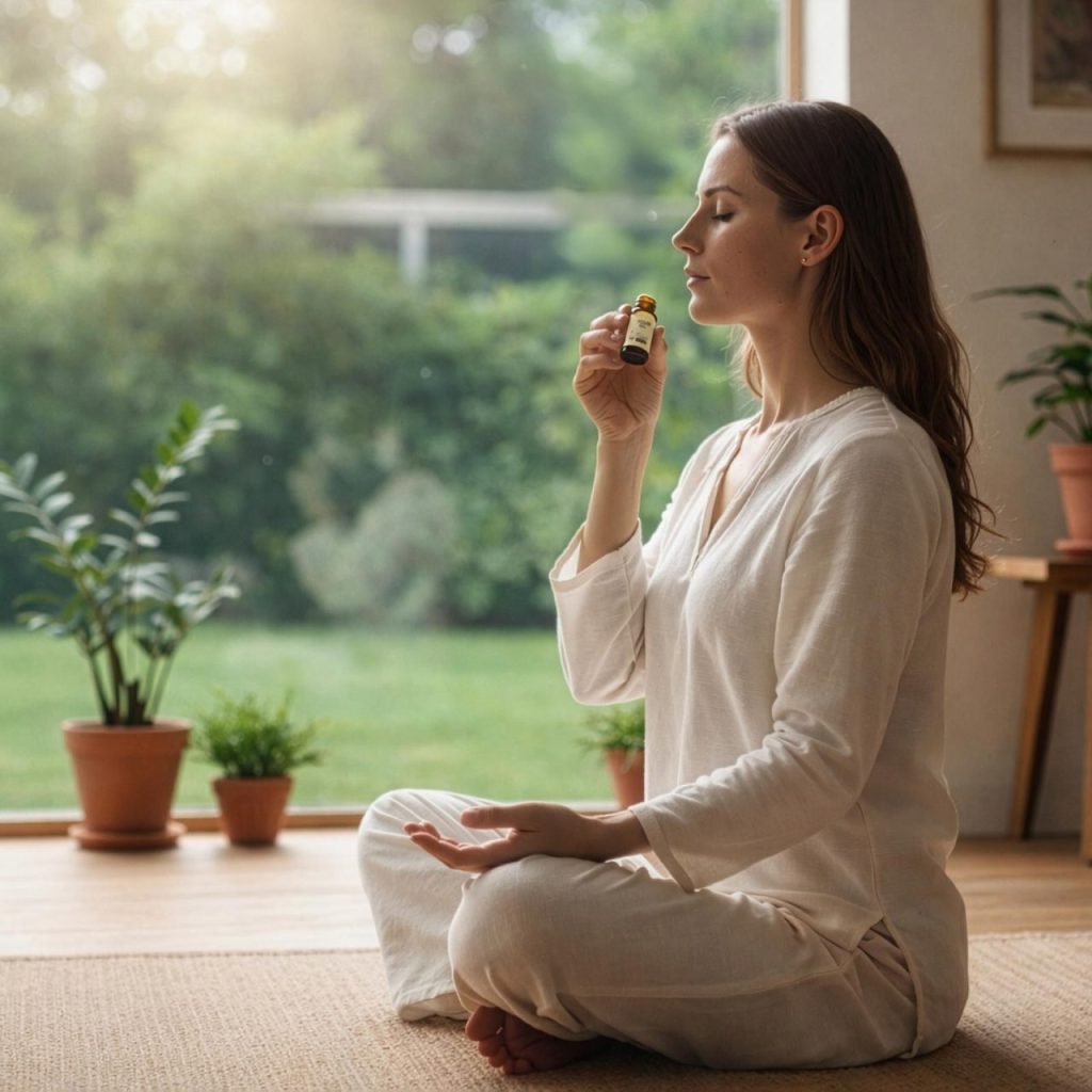 Woman practising direct inhalation of essential oils in a calm indoor setting