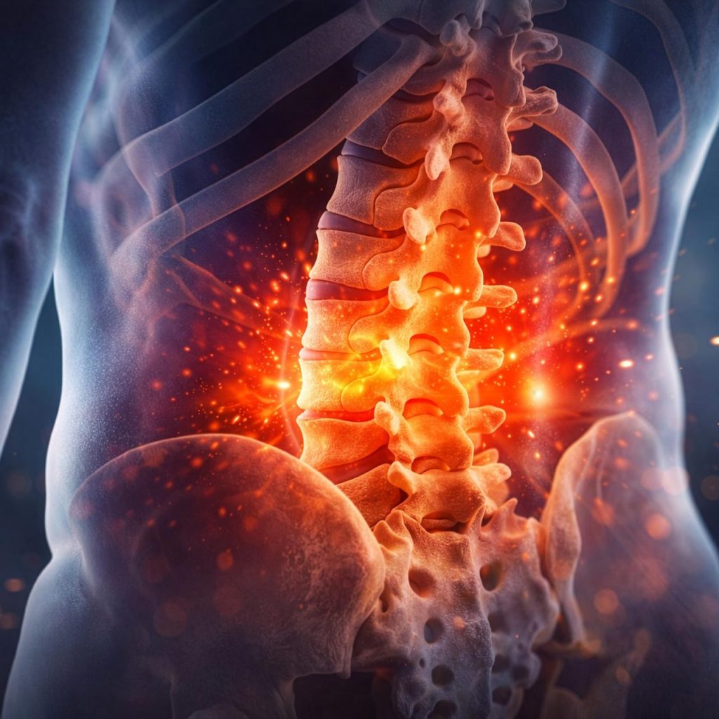 Medical illustration showing inflammation in the lumbar spine associated with lower back pain