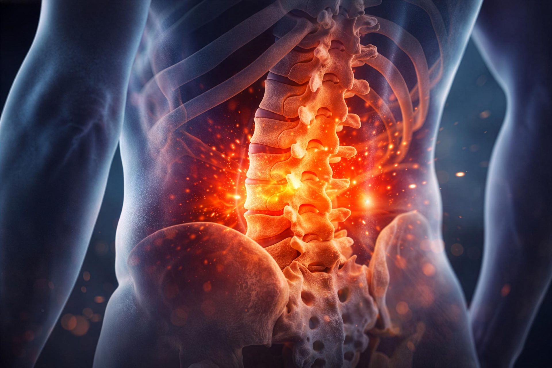 Medical illustration showing inflammation in the lumbar spine associated with lower back pain