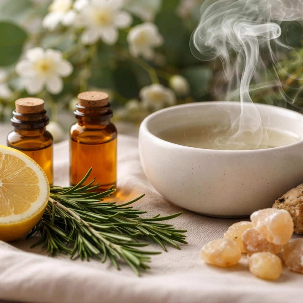 Botanical aromatherapy elements representing olfactory stimulation and sensory pathways